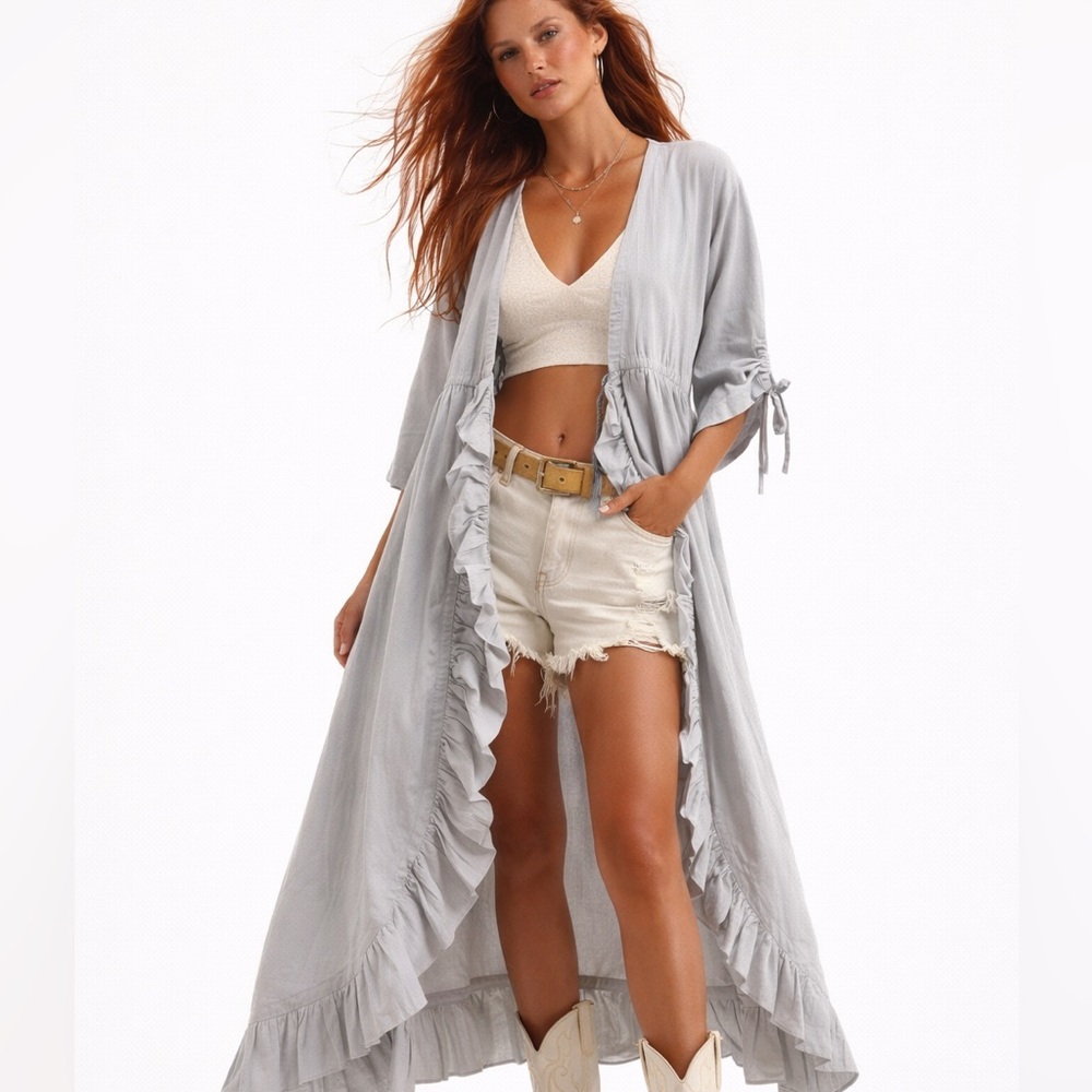 Organic Cotton Boho Duster Cardigan, Light Gray Long Bohemian Kimono Jacket S/M - Picture 10 of 10